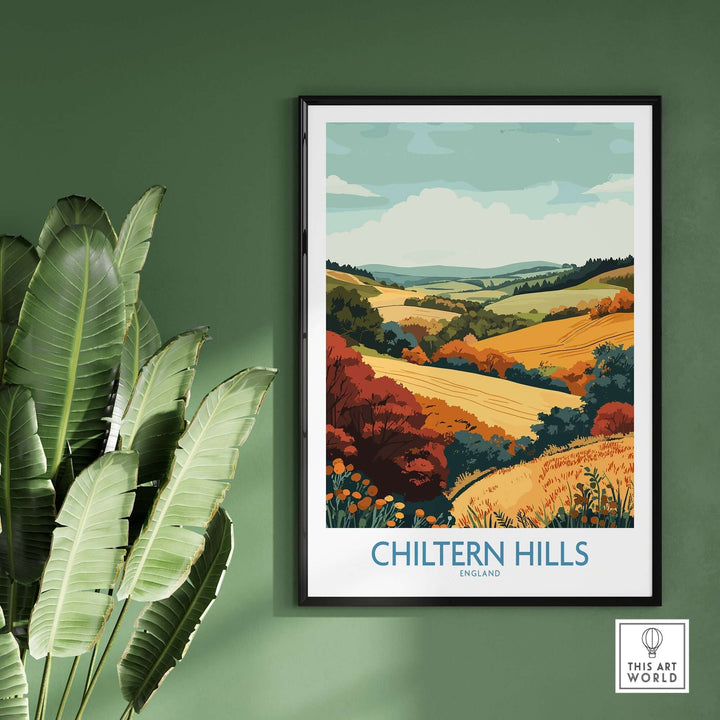 Chiltern Hills travel poster depicting vibrant English countryside with rolling hills and a scenic landscape.