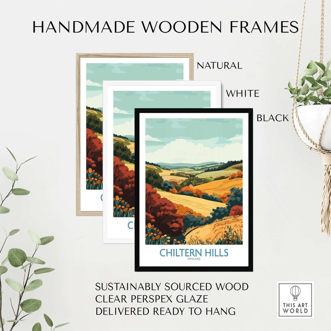 Handmade wooden frames for Chiltern Hills travel poster in natural, white, and black finishes, showcasing the English countryside.