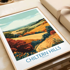 Chiltern Hills Travel Poster showcasing vibrant countryside with rolling hills and autumn colors, perfect for home decor.