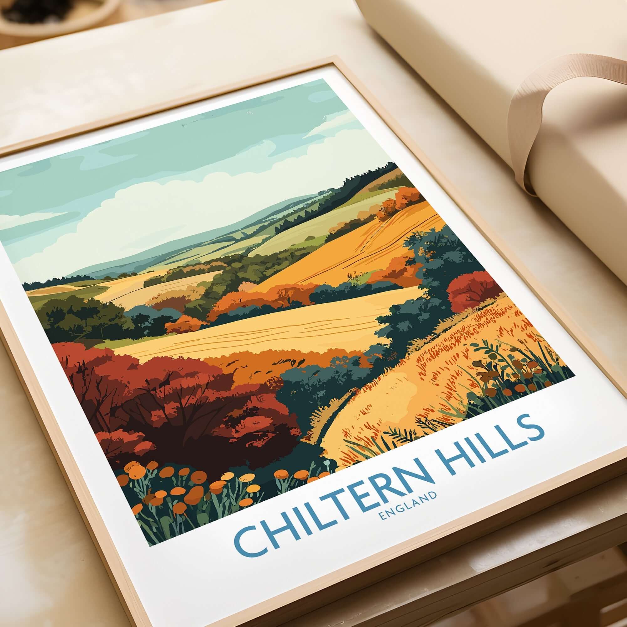 Chiltern Hills Travel Poster showcasing vibrant countryside with rolling hills and autumn colors, perfect for home decor.