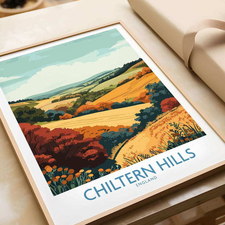 Chiltern Hills travel poster showcasing vibrant English countryside with rolling hills and colorful autumn foliage.