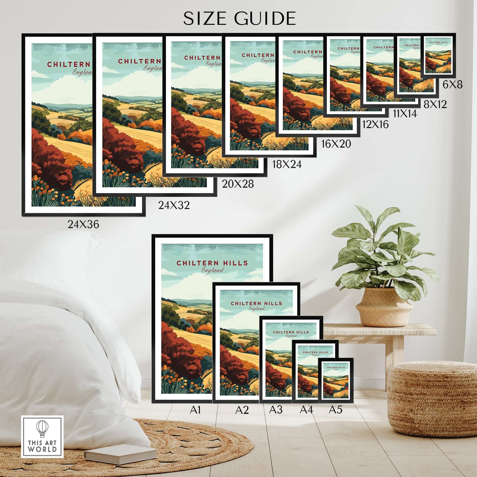 Size guide for Chiltern Hills Travel Print framed in various sizes in a cozy home setting.
