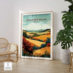Chiltern Hills Travel Print showcasing the vibrant landscape of Chiltern Hills in a framed art display.