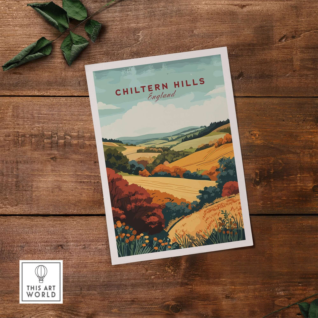 Vibrant Chiltern Hills travel print showcasing a picturesque English landscape with colorful autumn foliage.