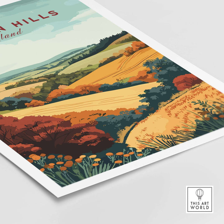 Vibrant Chiltern Hills travel print showcasing picturesque landscapes and autumn colors in a detailed illustration.