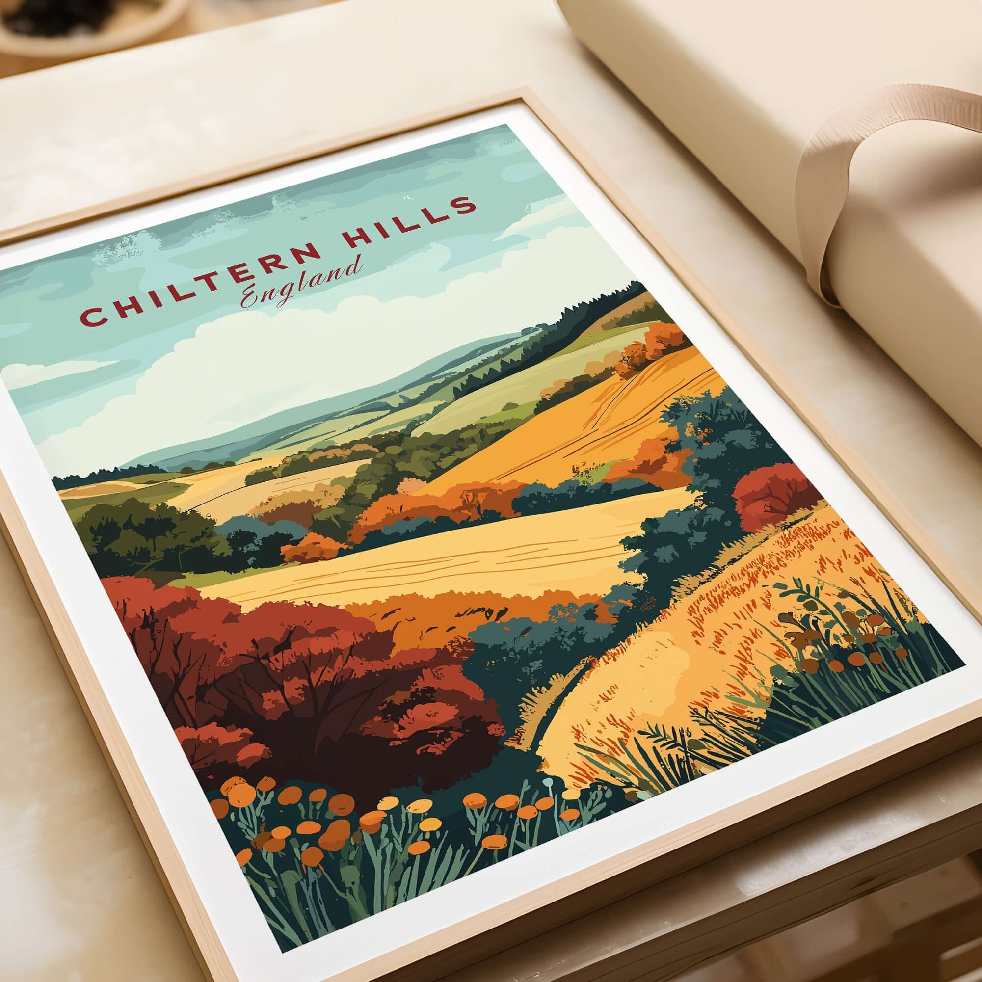 Chiltern Hills Travel Print showcasing a picturesque landscape with vibrant colors and serene hills in England.