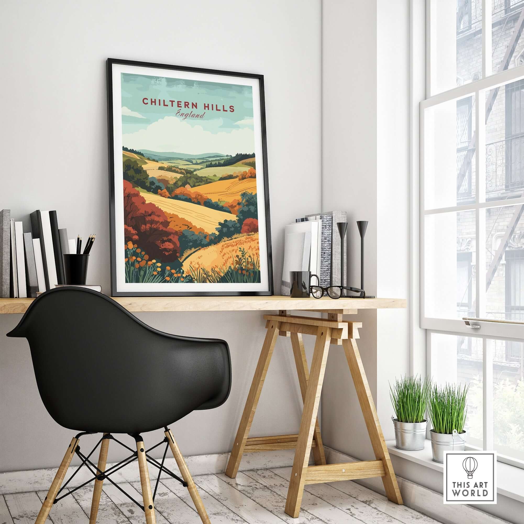 Chiltern Hills Travel Print showcased in a stylish home office with a modern desk and vibrant landscape.