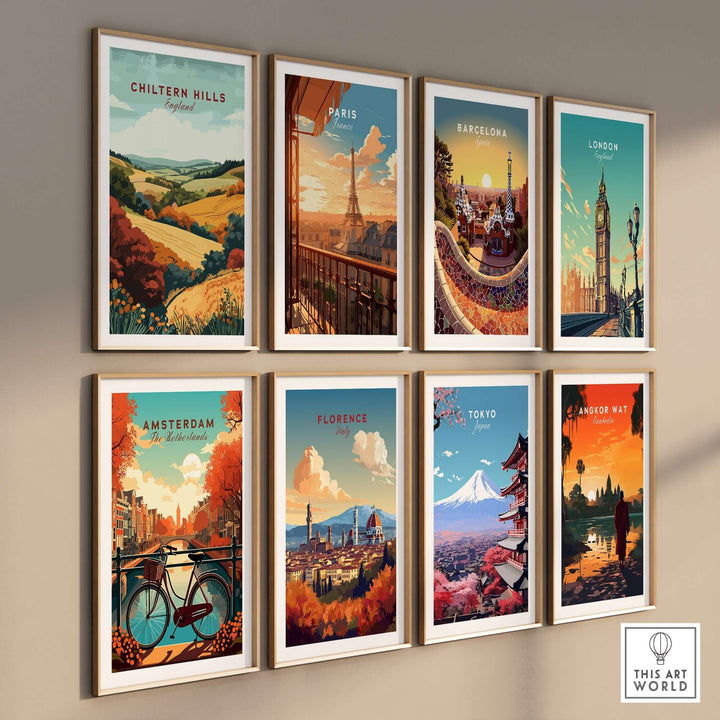 Colorful travel prints featuring Chiltern Hills, Paris, Barcelona, London, Amsterdam, Florence, Tokyo, and Angkor Wat on a wall.