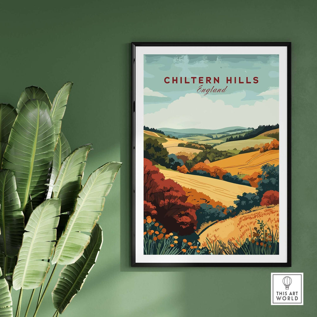 Chiltern Hills travel print showcasing vibrant landscapes of England, framed and displayed against a green wall.