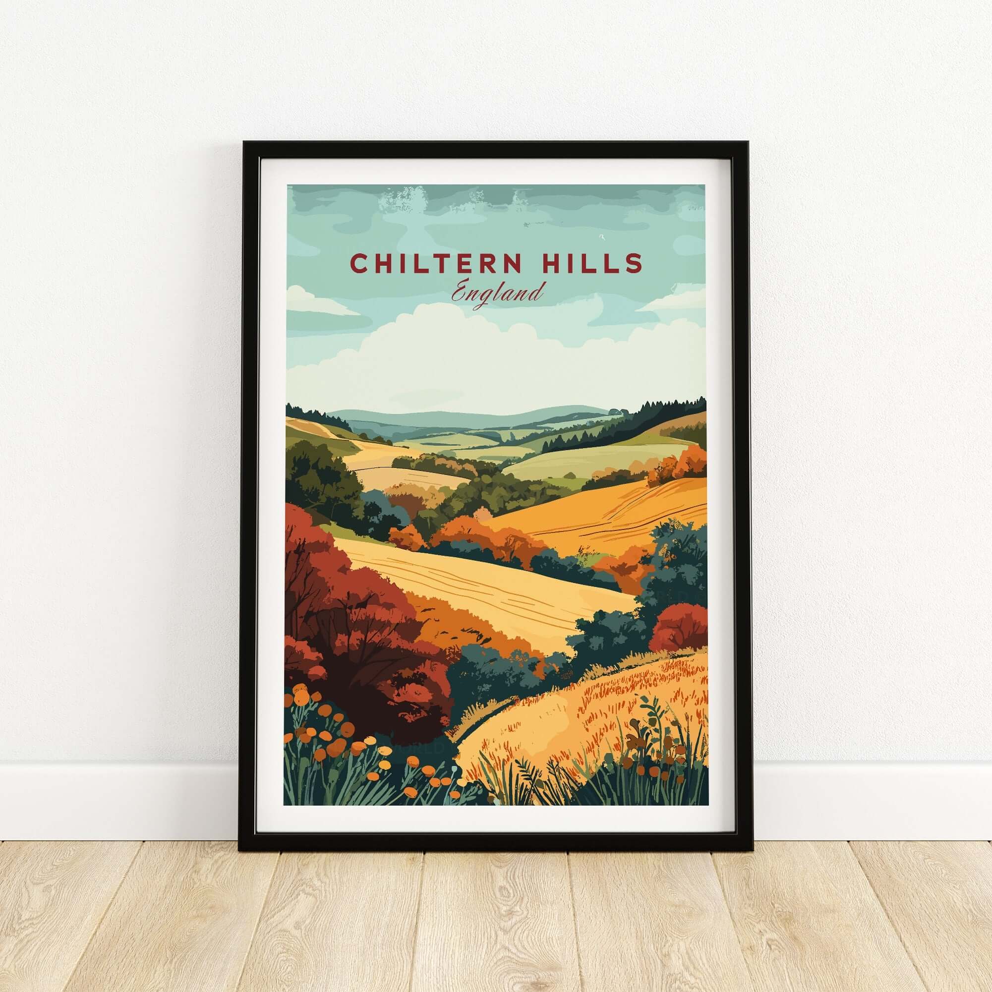 Chiltern Hills Travel Print showcasing a vibrant landscape of the Chiltern Hills in England.