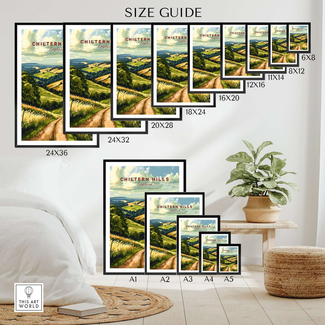 size guide for Chiltern Hills Wall Art showcasing various frame sizes in a cozy room setting.