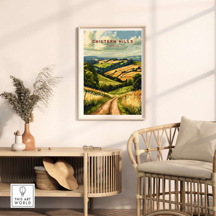 Chiltern Hills Wall Art framed in a cozy living room, showcasing scenic countryside with vibrant fields and a peaceful pathway.