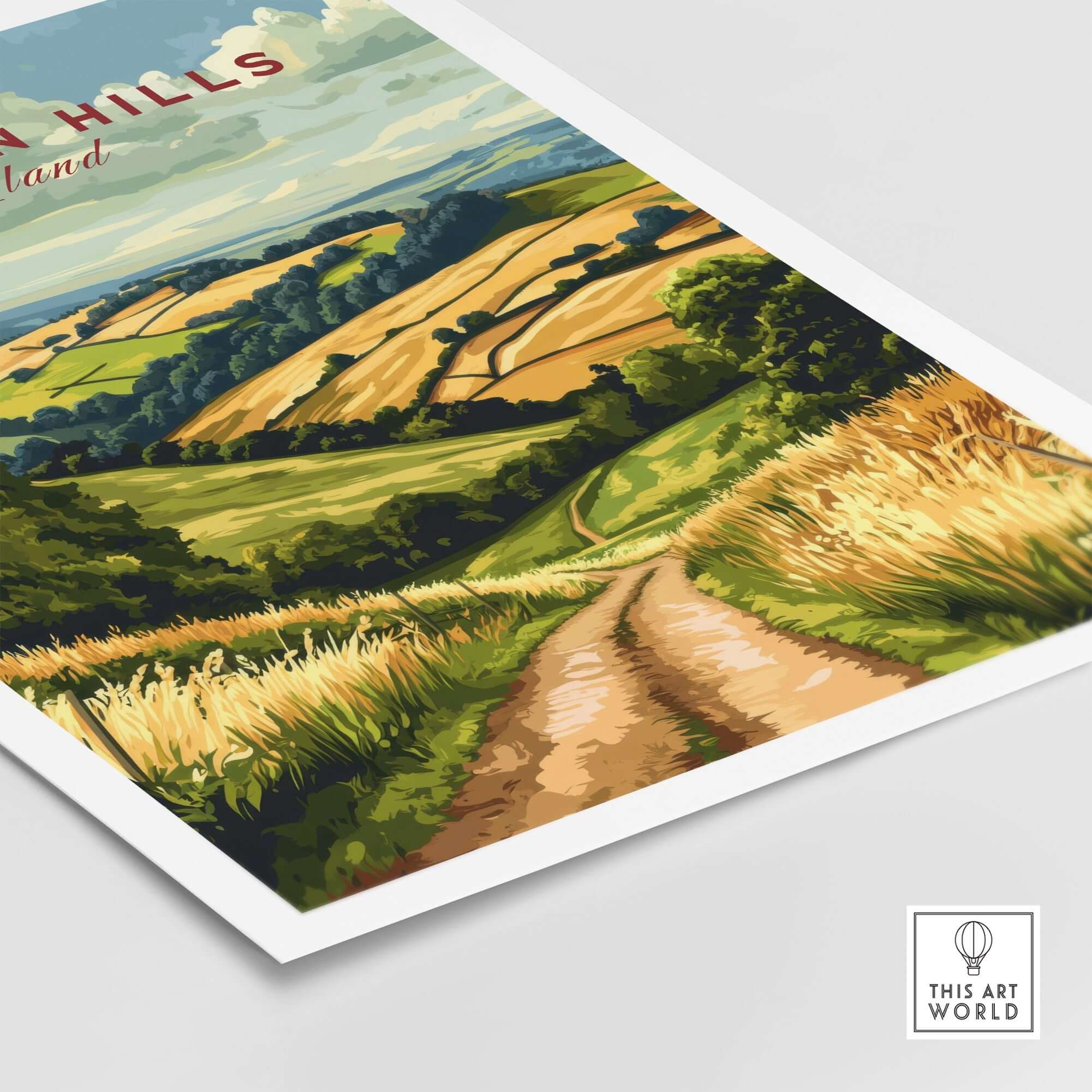 Chiltern Hills Wall Art featuring a scenic landscape of fields and hills in vibrant colors.