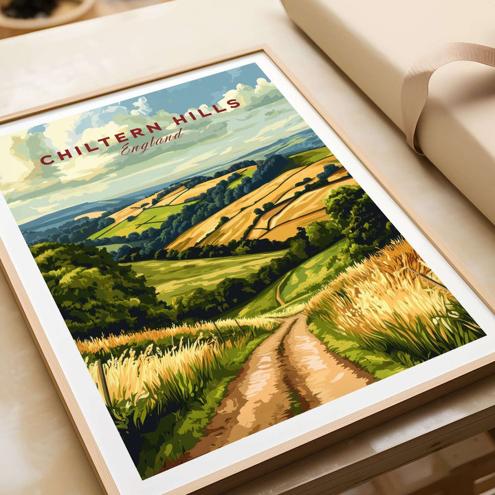 Chiltern Hills Wall Art featuring a scenic English landscape with fields and a pathway, framed and ready to enhance your space.