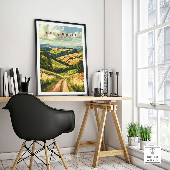 Chiltern Hills Wall Art displayed in a cozy workspace, showcasing vibrant landscapes and inviting nature indoors.