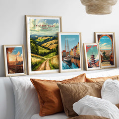 Chiltern Hills Wall Art displayed prominently with scenic landscapes and vibrant city views in stylish frames.