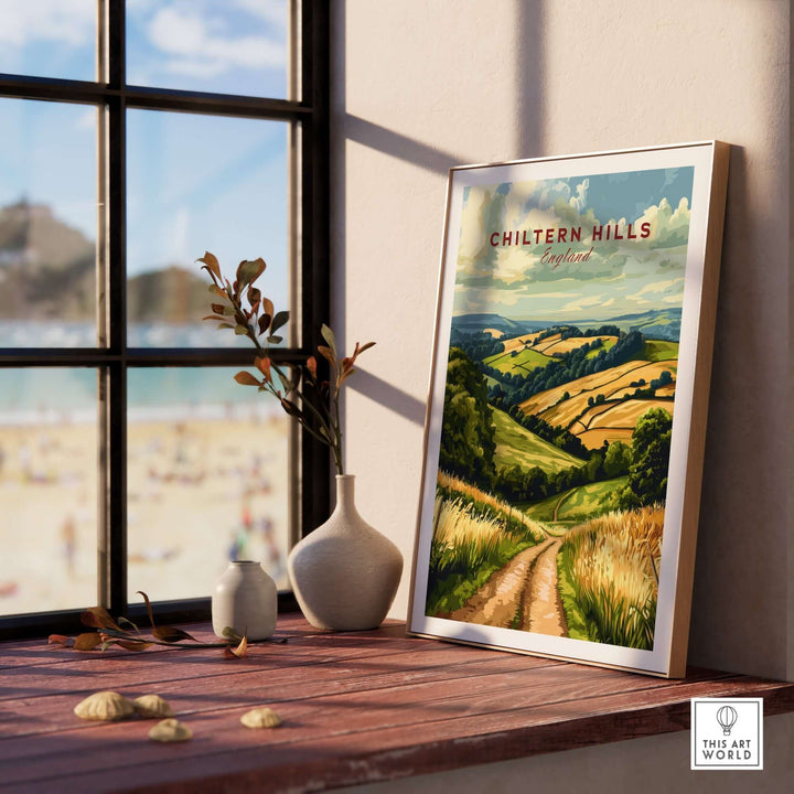 Chiltern Hills wall art displayed by a window, showcasing landscapes of the English countryside for a calming home ambiance.