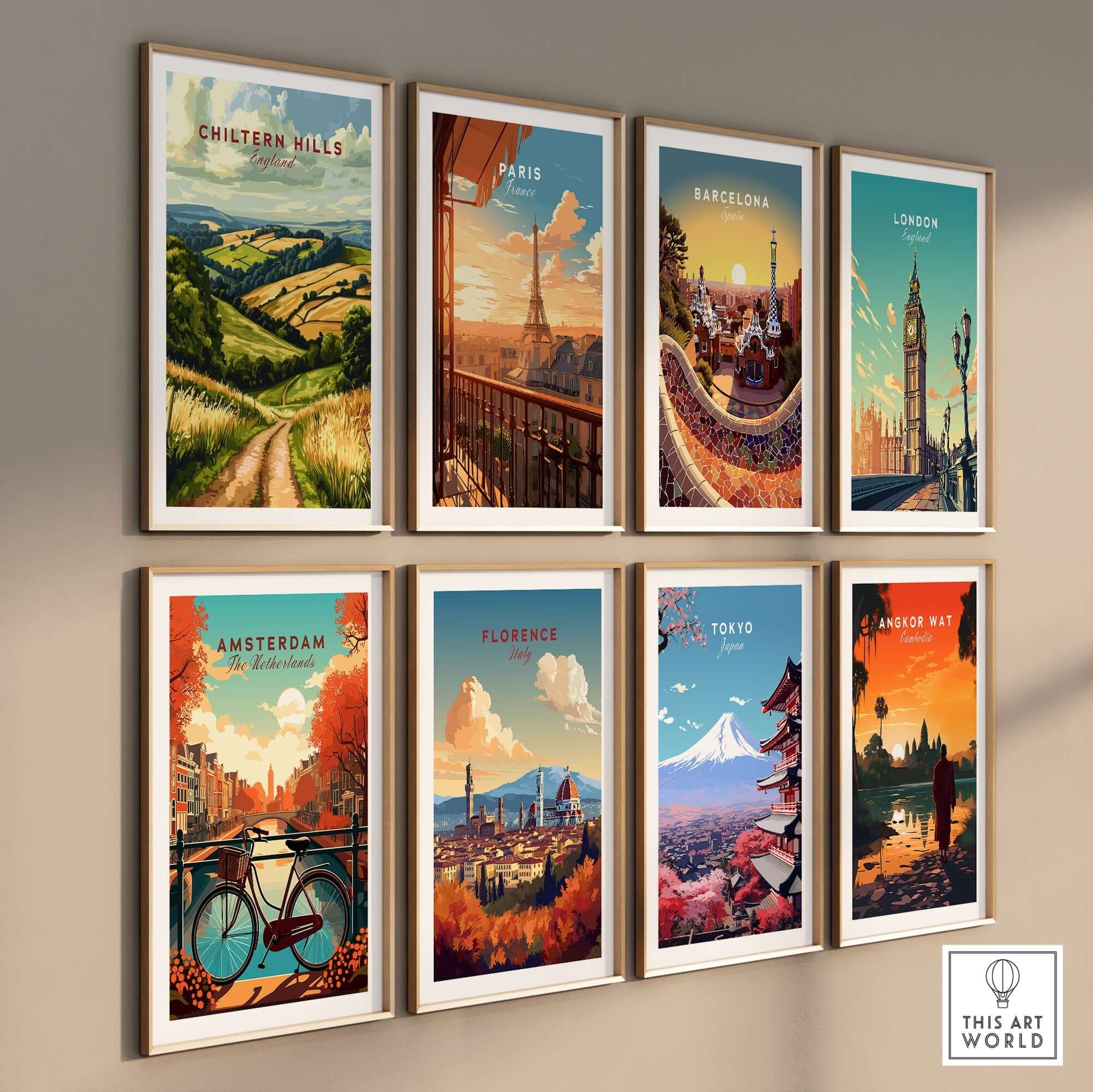 Chiltern Hills Wall Art collection featuring illustrated landscapes from various cities including Paris and London.