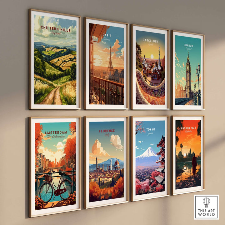 A collection of vibrant wall art prints featuring Chiltern Hills, Paris, Barcelona, London, Amsterdam, Florence, Tokyo, and Angkor Wat.