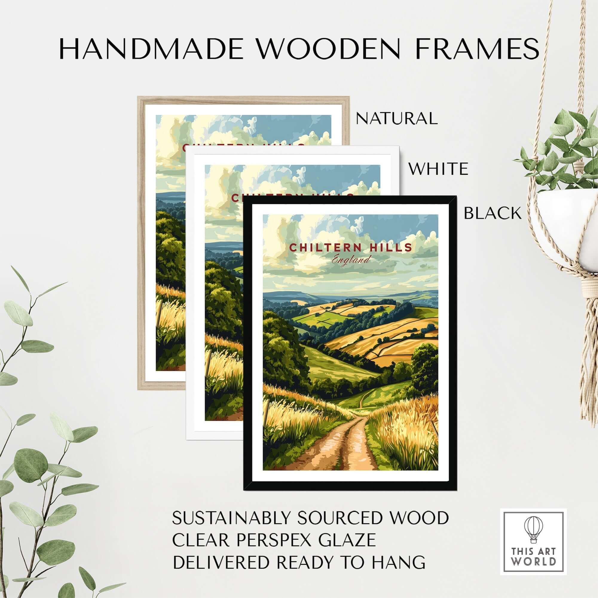 Chiltern Hills Wall Art showcased in handmade wooden frames available in natural, white, and black finishes.