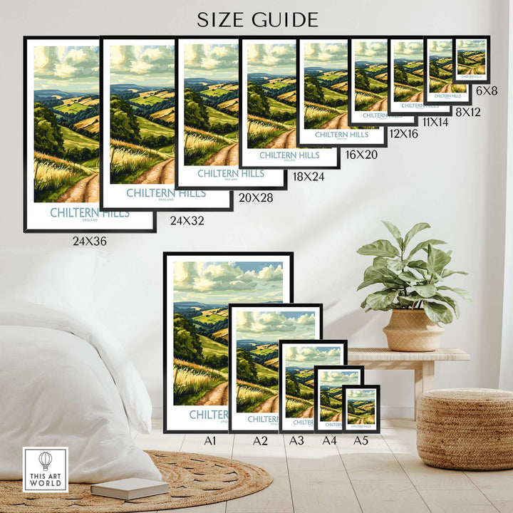 Size guide for Chiltern Hills Wall Art Print featuring various dimensions displayed in a serene home setting.