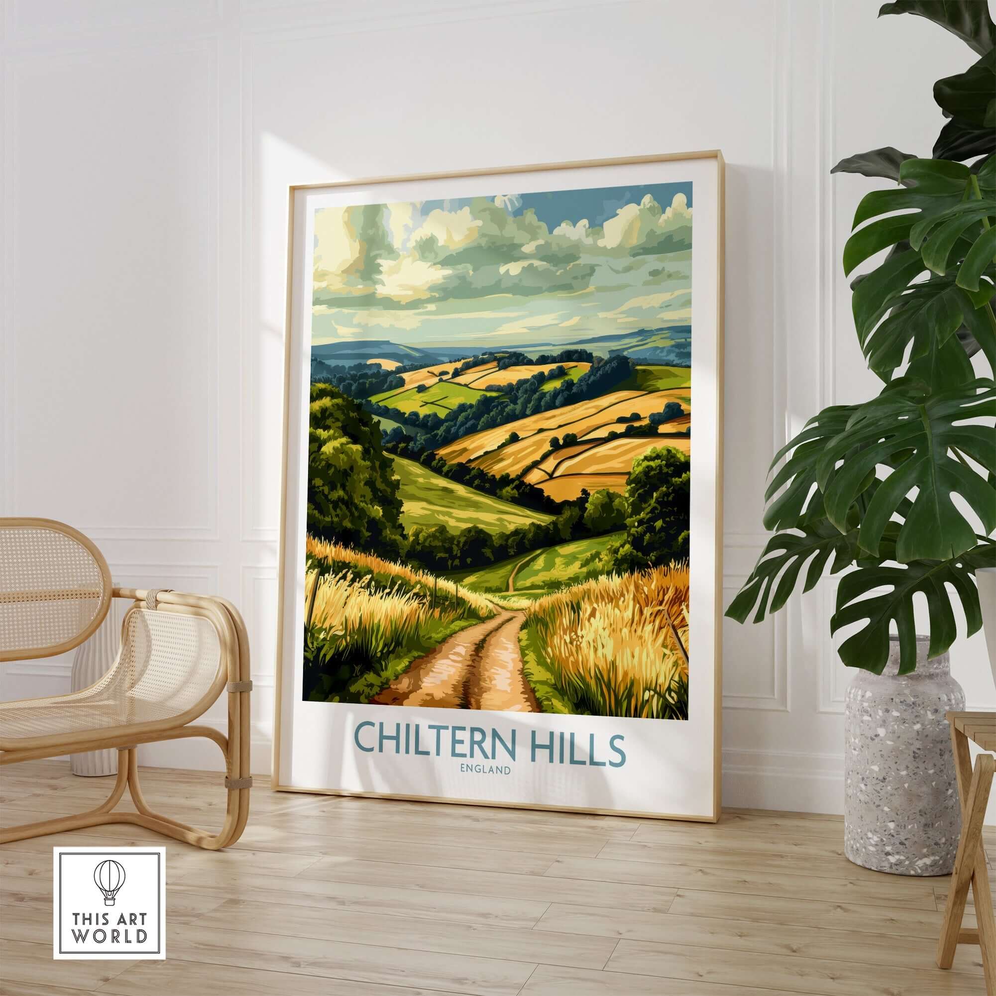 Chiltern Hills Wall Art Print showcasing scenic landscape in cozy room decor with plants.