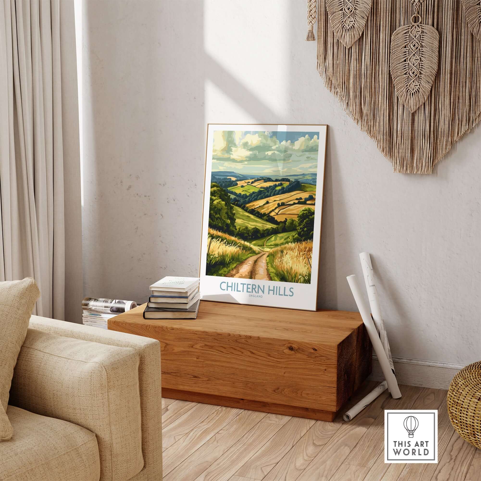 Chiltern Hills Wall Art Print displayed on a wooden table in a cozy living space, showcasing serene hills.