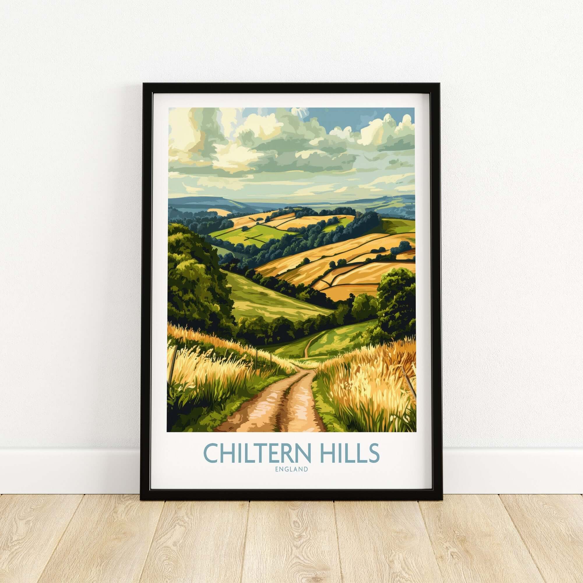 Chiltern Hills Wall Art Print showcasing lush green hills and a winding path in a beautiful landscape.