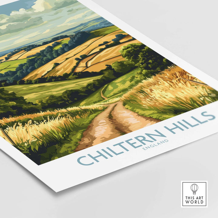 Chiltern Hills wall art print featuring a scenic landscape of fields and pathways in England. Perfect for nature-inspired decor.