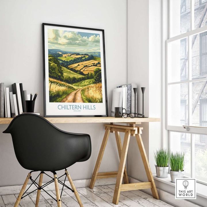 Chiltern Hills wall art print displayed above a desk in a modern workspace, showcasing serene landscape scenery.