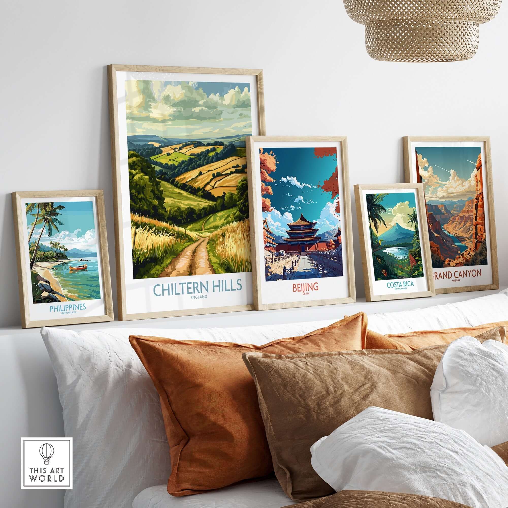 Chiltern Hills Wall Art Print displayed among travel-themed prints on a stylish shelf.