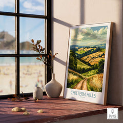 Chiltern Hills Wall Art Print displayed on a windowsill, capturing the scenic landscape of the Chiltern Hills.