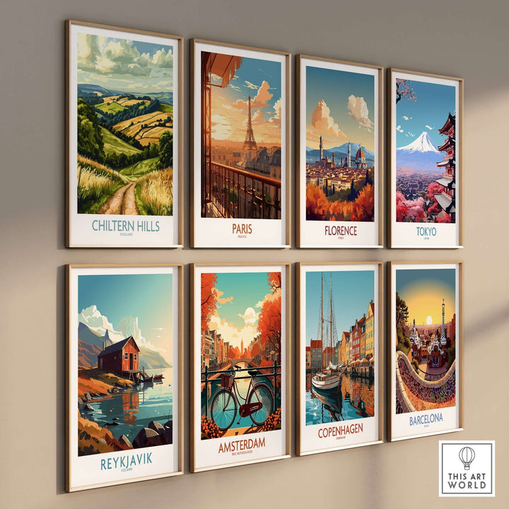 Collection of travel-themed wall art prints including Chiltern Hills, Paris, Florence, Tokyo, Reykjavik, Amsterdam, Copenhagen, and Barcelona.