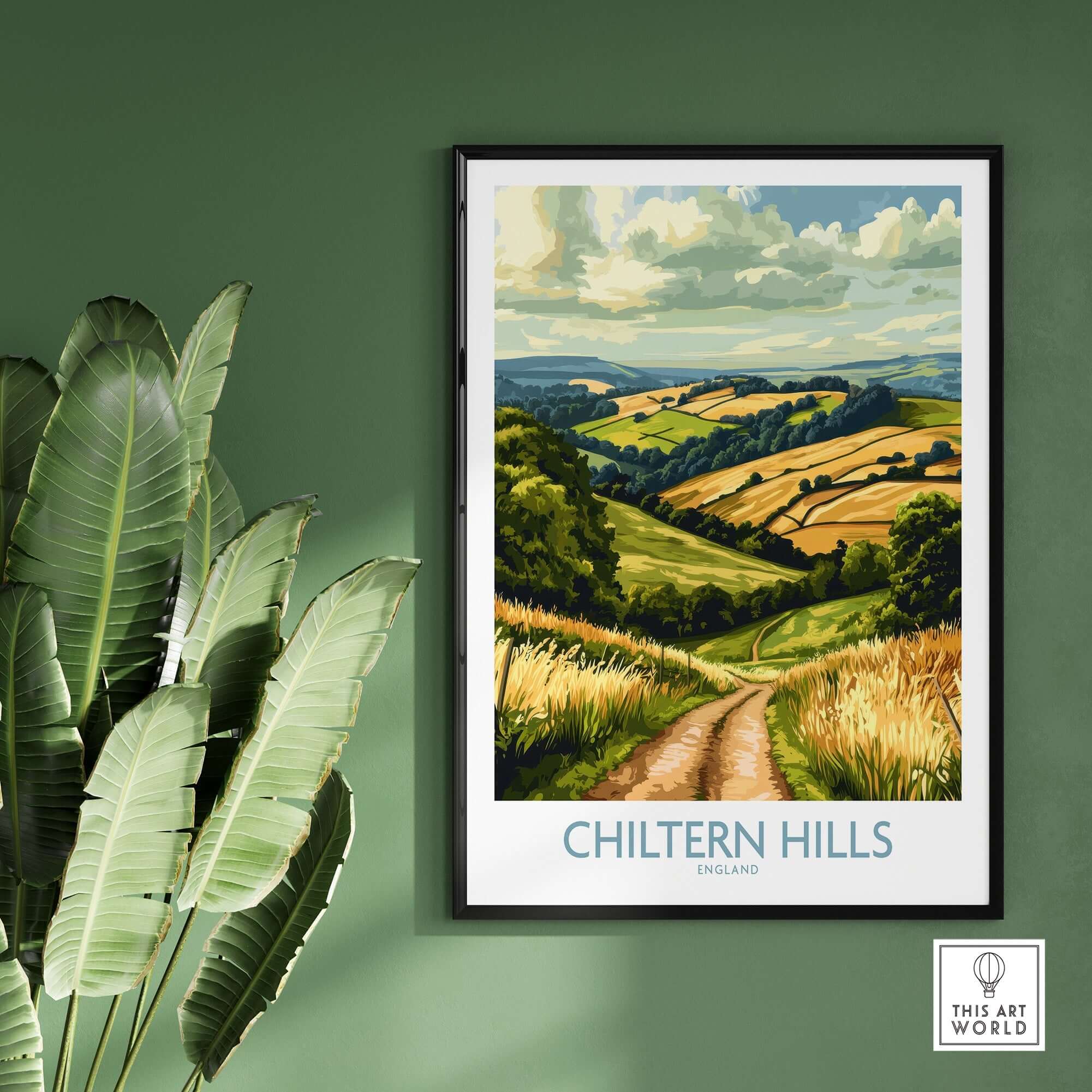 Chiltern Hills Wall Art Print featuring a scenic landscape of rolling hills and a pathway in England.