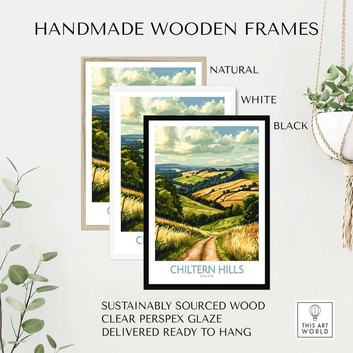 Handmade wooden frames in natural, white, and black for Chiltern Hills wall art, sustainably sourced with clear perspex glaze.