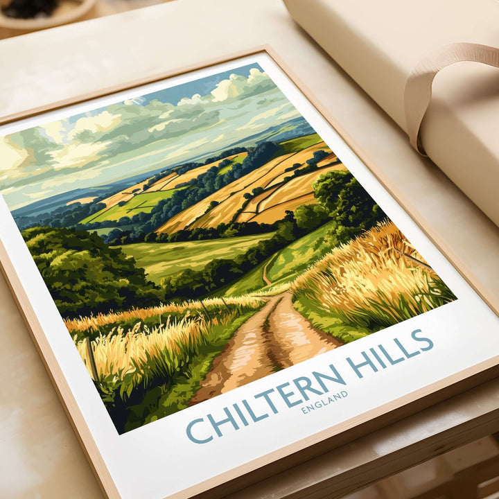 Chiltern Hills wall art print featuring lush green hills and a scenic pathway, ideal for nature lovers.