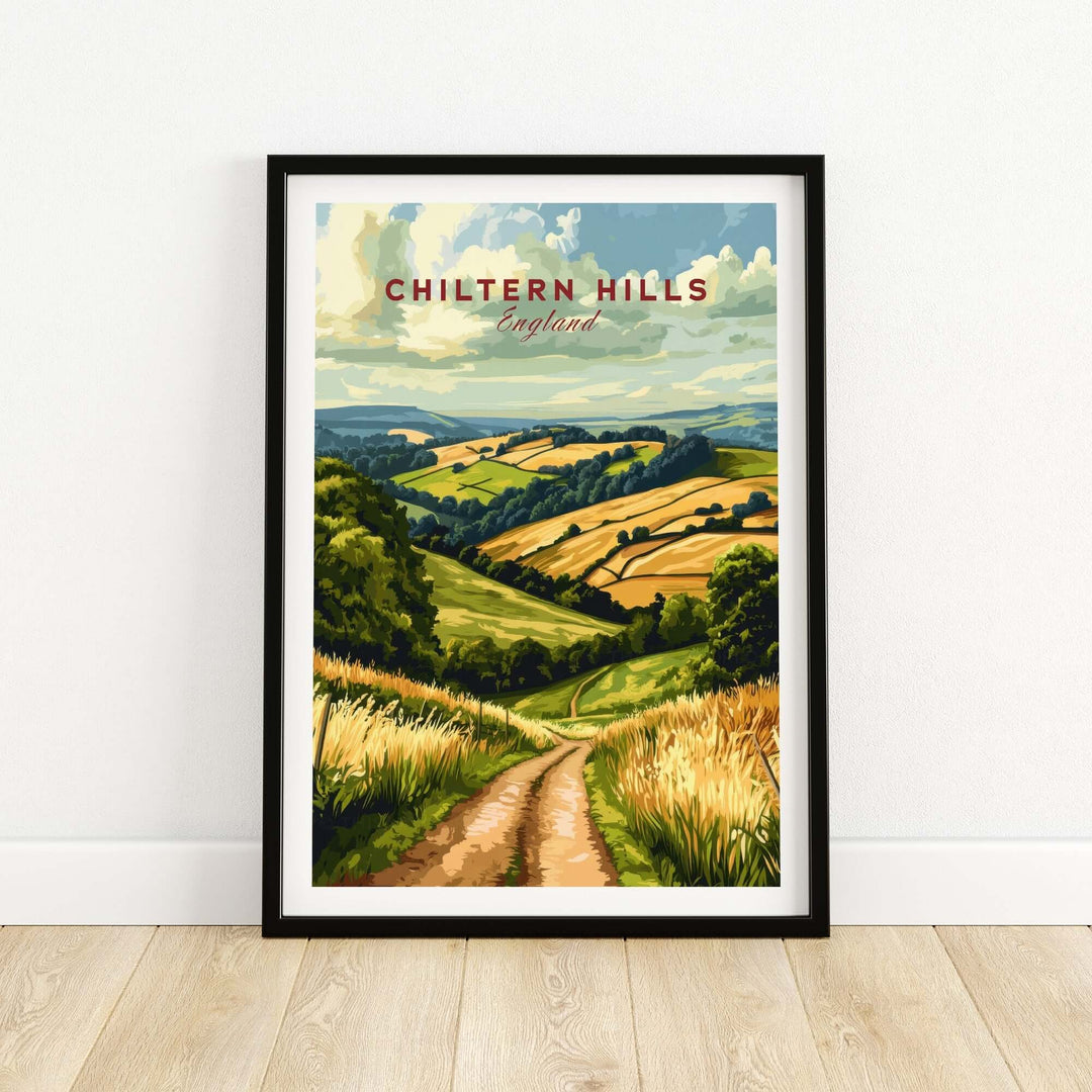 Chiltern Hills wall art depicting lush landscapes and rolling hills in England, framed for elegant home decor.