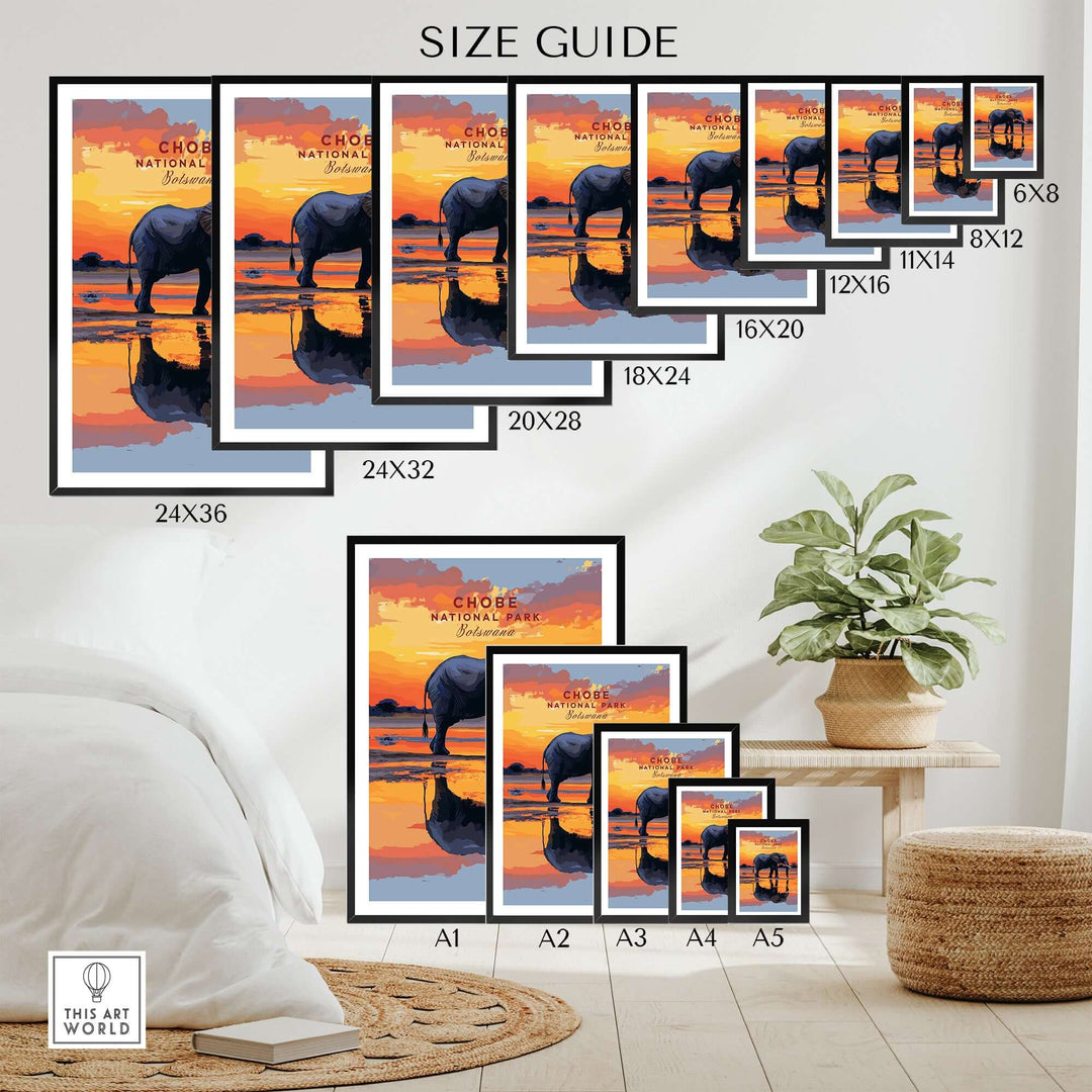 Size guide for Chobe Elephant digital art print showcasing various frame dimensions on a stylish interior backdrop.