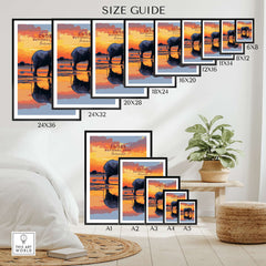 Chobe Elephant Digital Art Print - Botswana Wildlife Illustration Poster size guide showcasing various print dimensions.