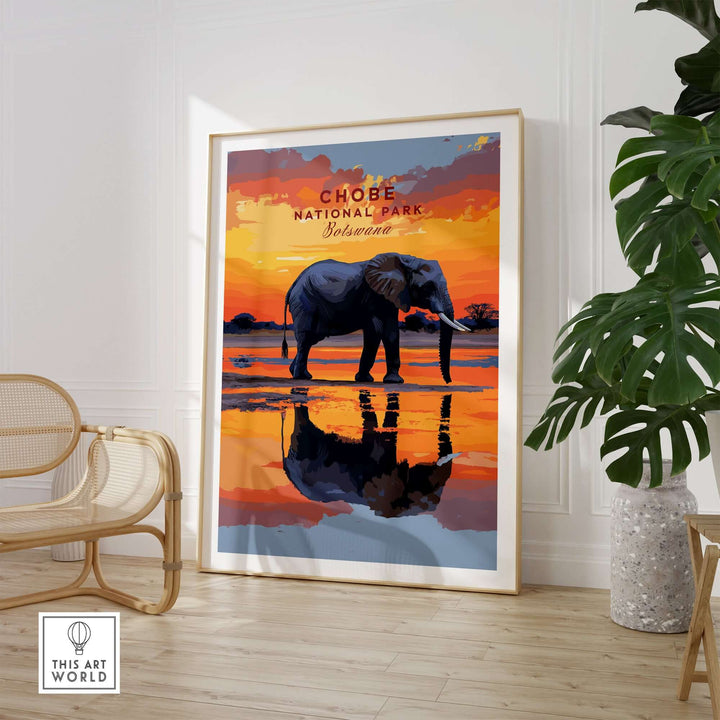 Chobe National Park elephant digital art print showcasing vibrant colors and wildlife illustration in a modern living space.