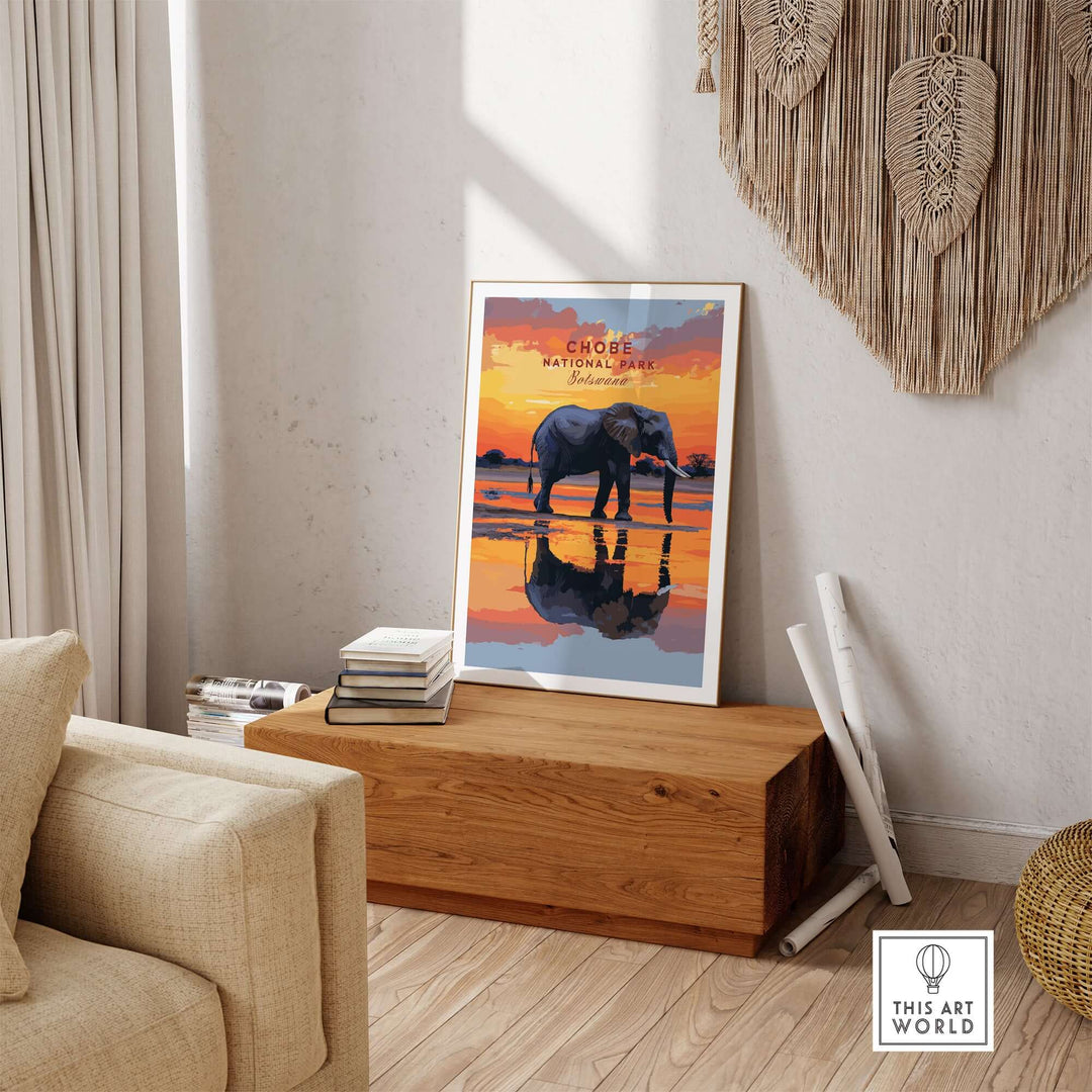 Chobe Elephant digital art print displayed in a modern living room, showcasing Botswana wildlife illustration.