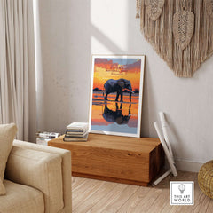Chobe Elephant Digital Art Print - Botswana Wildlife Illustration Poster displayed in a modern living room setting.
