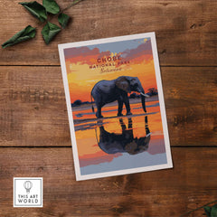 Chobe Elephant Digital Art Print - Botswana Wildlife Illustration Poster on wooden background with leaves.