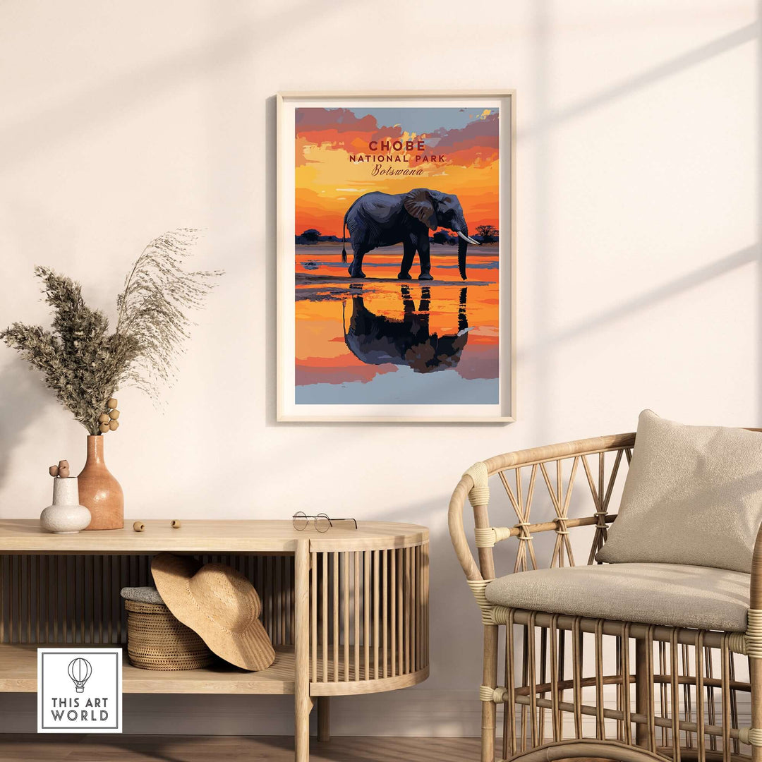 Chobe Elephant digital art print in stylish living room, featuring a serene sunset scene in Botswana.