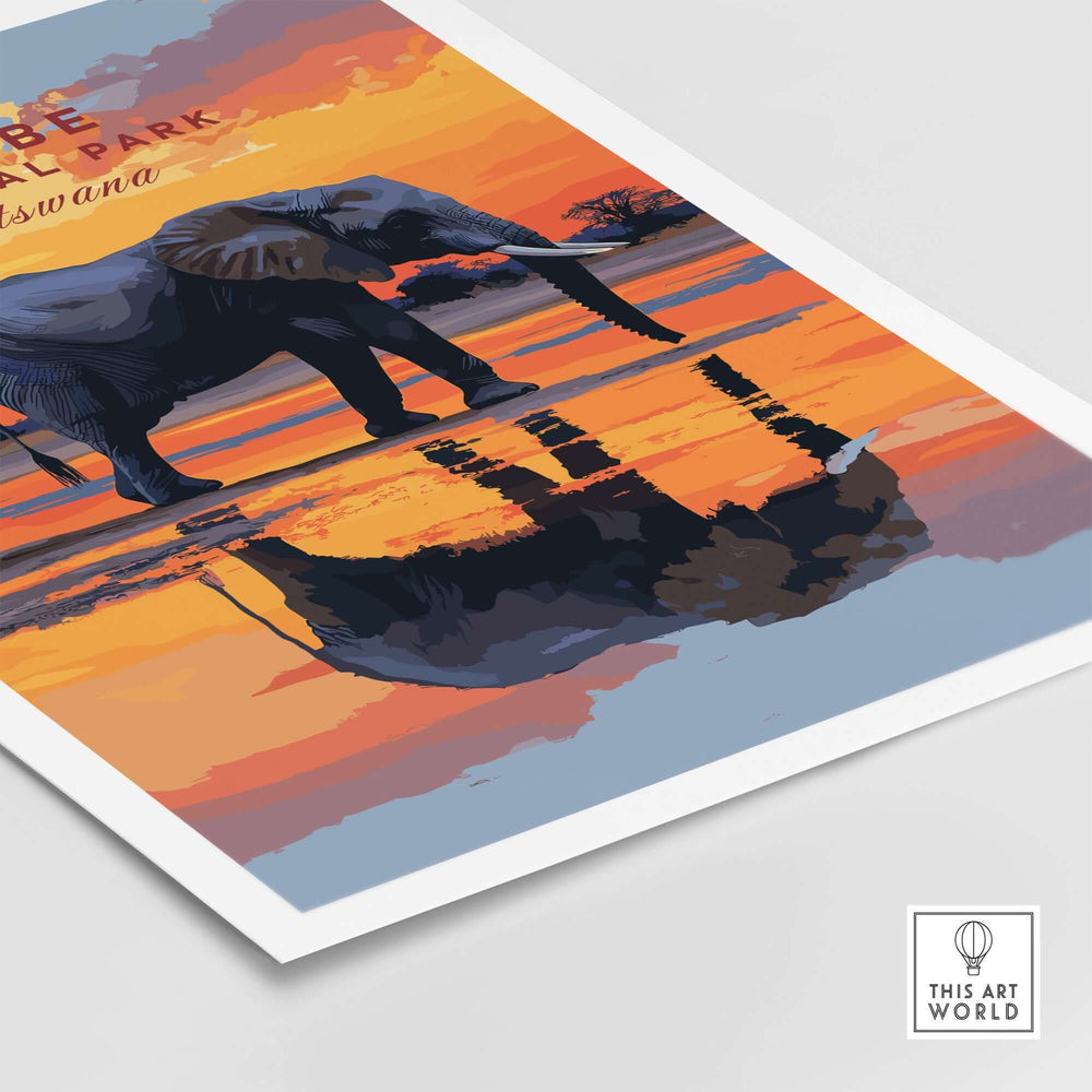 Chobe Elephant Digital Art Print showcasing a majestic elephant against a vibrant sunset in Botswana.