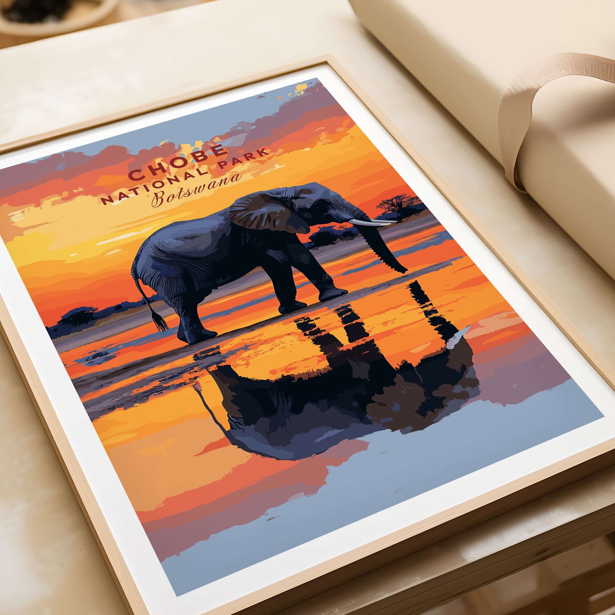 Chobe Elephant Digital Art Print - Botswana Wildlife Illustration Poster showcasing a majestic elephant against a vibrant sunset.
