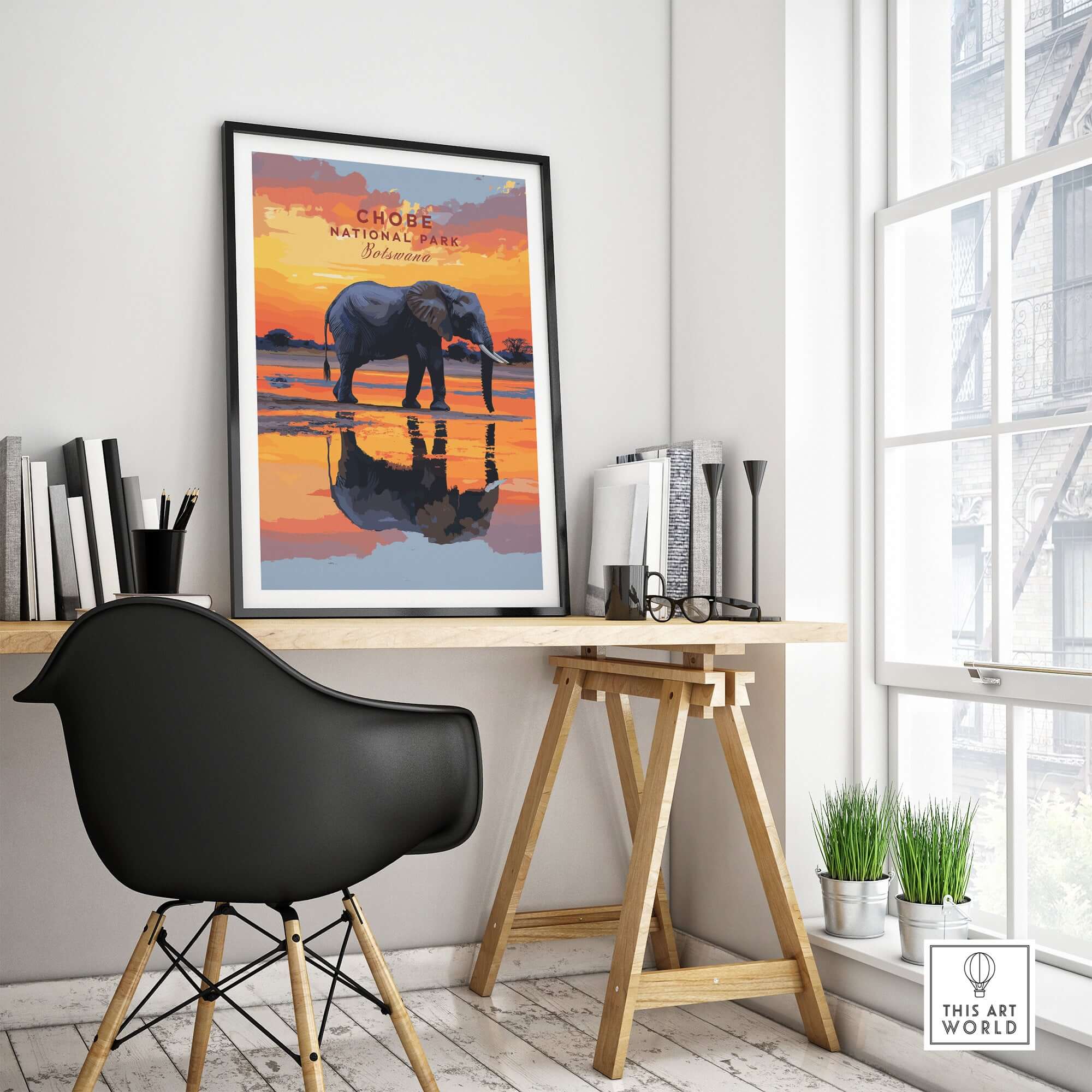 Chobe Elephant Digital Art Print - Botswana Wildlife Illustration Poster in a modern office setting.