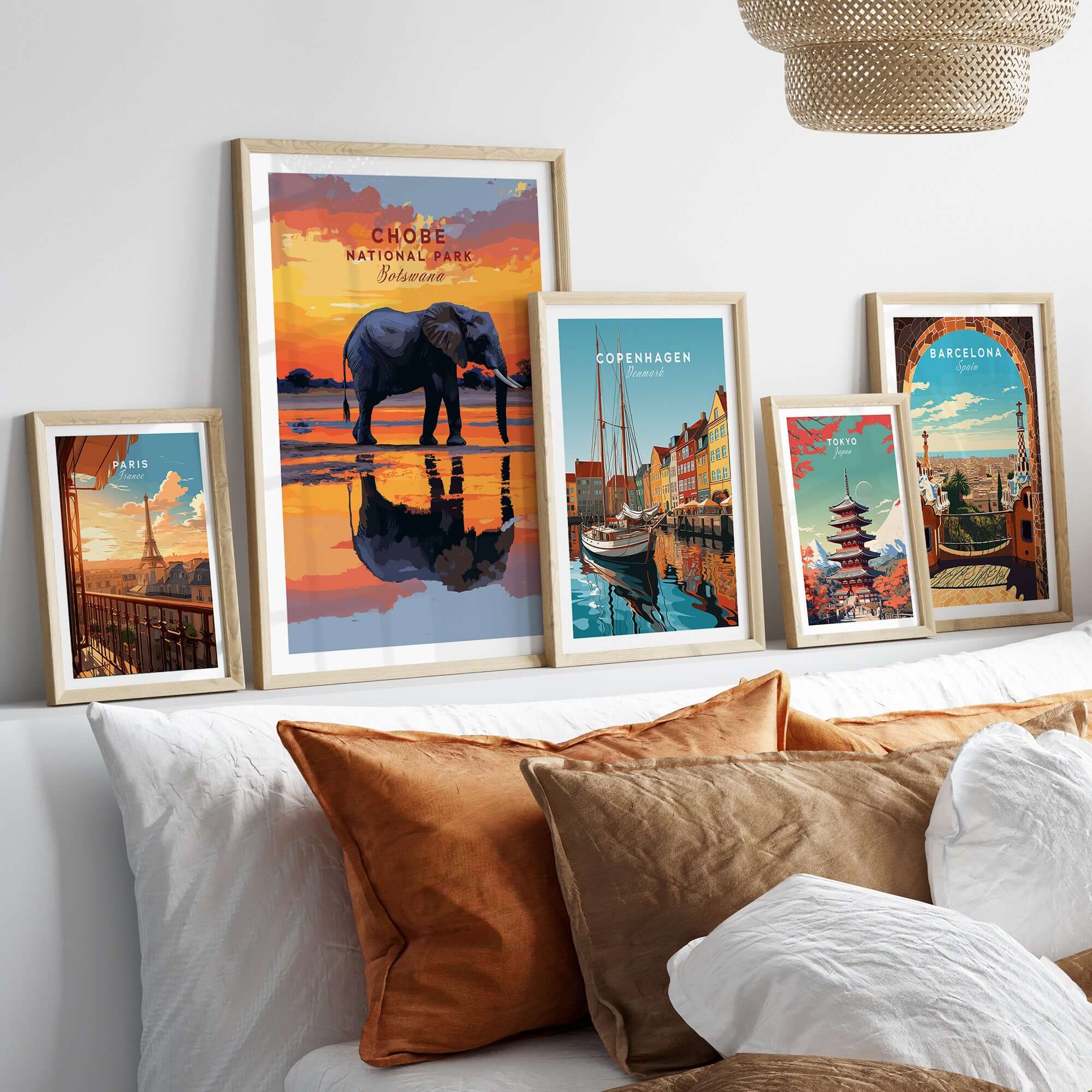 Chobe Elephant Digital Art Print - Botswana Wildlife Illustration Poster displayed in a modern home setting with other city posters.