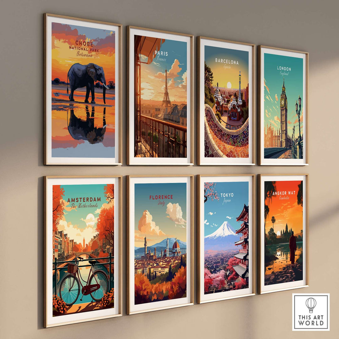 Collection of vibrant travel-themed posters including Chobe National Park and various global landmarks.