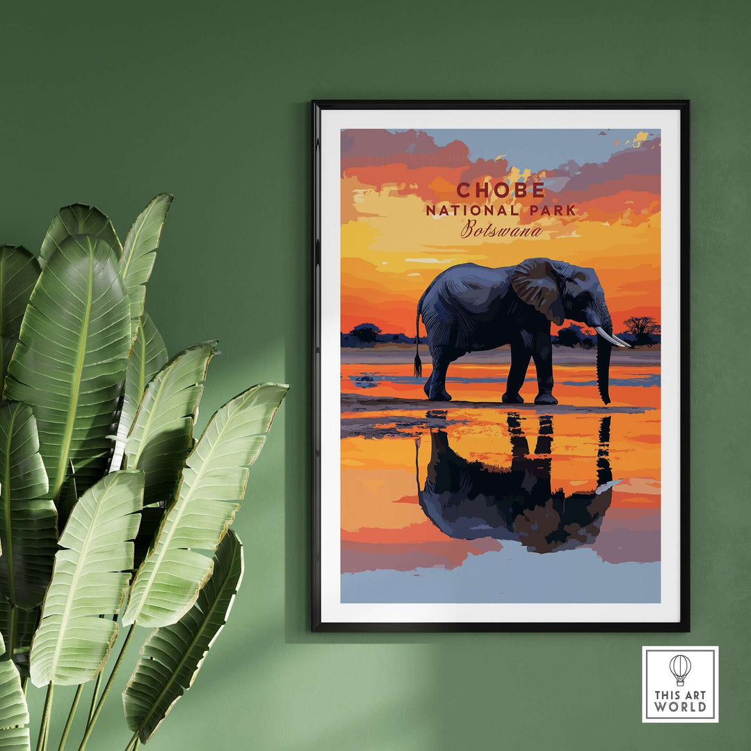 Chobe Elephant digital art print poster featuring a majestic elephant against a sunset backdrop, inspired by Botswana wildlife.